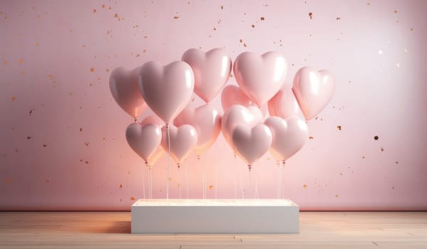 pink heart on a floating wooden plinth and hearts on balloons.