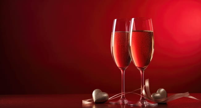 two glasses of champagne and a heart are on red background.