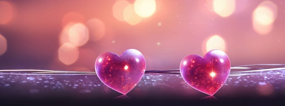 two red hearts are sitting on top of a purple abstract background.