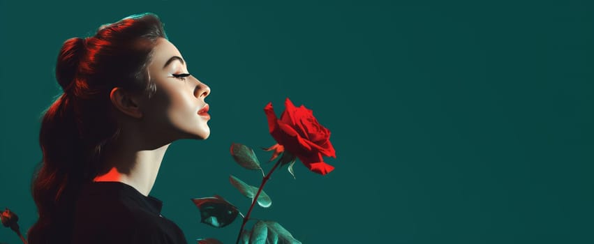 young woman posing looking at pink rose and smelling it.