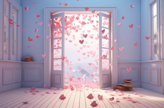 with red hearts falling from a door.
