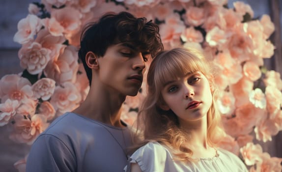 young man and woman standing in the background with flowers.
