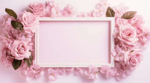 the frame surrounded by pink rose petals and some blank space.
