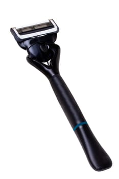 Mens razor isolated. Modern safety razor or shaving machine for mans with many blades.  Beard and hair care. Present for a man. Clipping path. Macro.