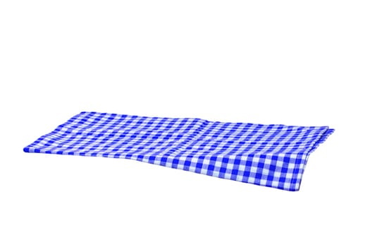 Blue and white checkered napkin or tablecloth texture isolated on white background. Clipping path. Backdrop for your product placement or montage. Kitchen accessories.