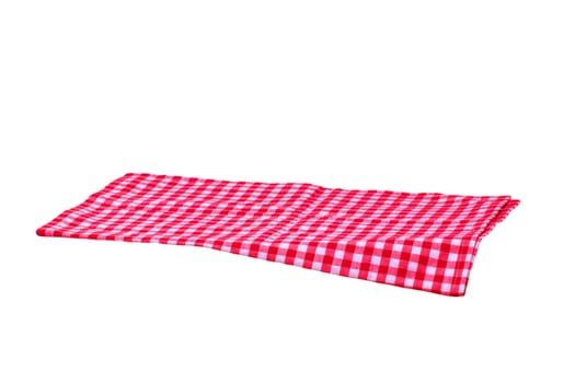 Red and white checkered napkin or tablecloth texture isolated on white background. Clipping path. Backdrop for your product placement or montage. Kitchen accessories.