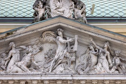 Rijeka, Croatia - September 23, 2023: Decorative facade of building of Ivan Zajc Croatian National Theatre at classicist-art nouveau style Theatre Park