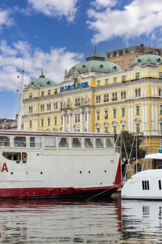 Rijeka, Croatia - September 23, 2023: Port of Rijeka with Adria Palace, decorative building seat of Jadrolinija, the ferry operator