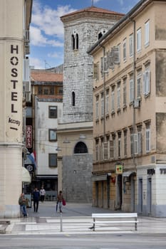 Rijeka, Croatia - September 23, 2023: Leaning bell tower at the Church of the Assumption of the Blessed Virgin Mary Rijeka Croatia