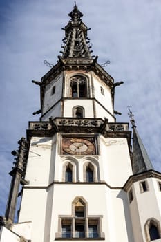 Zabkowice Slaskie, Poland - October 2, 2021: Market square with neo-gothic 19th century Town Hall, Lower Silesian Voivodeship