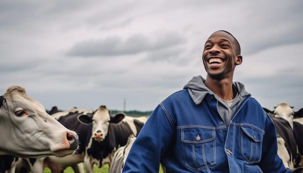 Portrait of positive African-American male worker in blue robe working on dairy farm with black and white cows. Happy black farmer Dutch cows and wearing blue overall on fresh Agriculture field Modern farmer