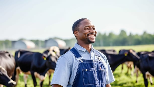 Portrait of positive African-American male worker in blue robe working on dairy farm with black and white cows. Happy black farmer Dutch cows and wearing blue overall on fresh Agriculture field Modern farmer