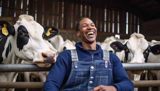 Portrait of positive African-American male worker in blue robe working on dairy farm with black and white cows. Happy black farmer Dutch cows and wearing blue overall on fresh Agriculture field Modern farmer