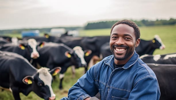 Portrait of positive African-American male worker in blue robe working on dairy farm with black and white cows. Happy black farmer Dutch cows and wearing blue overall on fresh Agriculture field Modern farmer