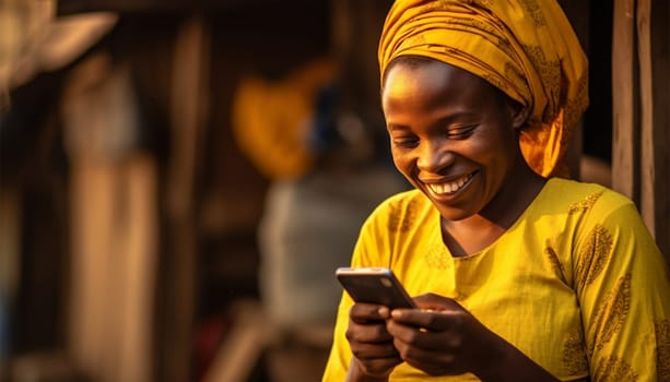 Poor African woman watching on her mobile phone in the slums. homeless lady playing around with a mobile phone,texting,social media concept. Portrait of beautiful female laughing with smartphone in slum colorful