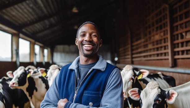 Portrait of positive African-American male worker in blue robe working on dairy farm with black and white cows. Happy black farmer Dutch cows and wearing blue overall on fresh Agriculture field Modern farmer