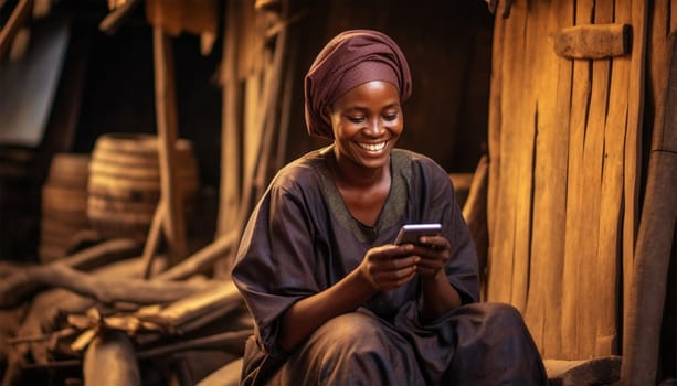 Poor African woman watching on her mobile phone in the slums. homeless lady playing around with a mobile phone,texting,social media concept. Portrait of beautiful female laughing with smartphone in slum colorful