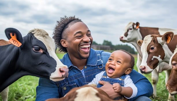 Portrait of positive African-American male worker in blue robe working on dairy farm with black and white cows. Happy black farmer Dutch cows and wearing blue overall on fresh Agriculture field Modern farmer