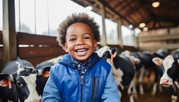 Portrait of positive African-American male worker in blue robe working on dairy farm with black and white cows. Happy black farmer Dutch cows and wearing blue overall on fresh Agriculture field Modern farmer