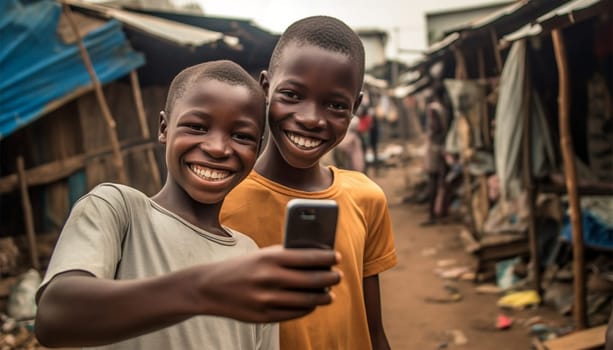 Two boys taking a selfie.African kids using mobile phones. two african boys sitting outside using smartphones to play games portrait