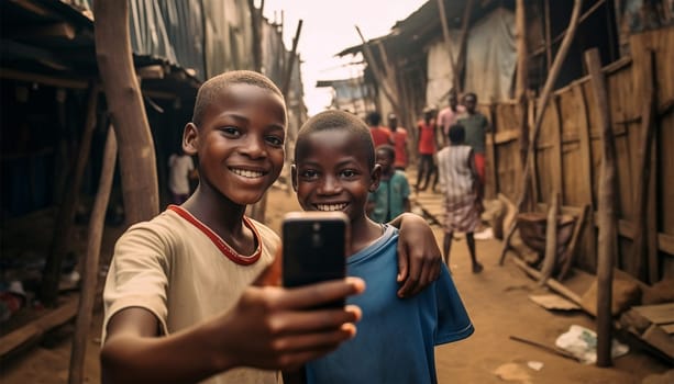 Two boys taking a selfie.African kids using mobile phones. two african boys sitting outside using smartphones to play games portrait