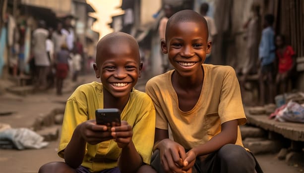 African kids using mobile phones. two african boys sitting outside using smartphones to play games portrait