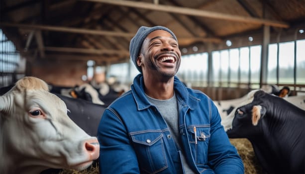Portrait of positive African-American male worker in blue robe working on dairy farm with black and white cows. Happy black farmer Dutch cows and wearing blue overall on fresh Agriculture field Modern farmer