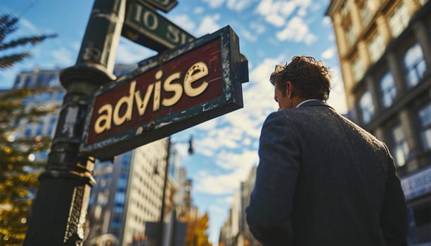 A businessman in the city needs advise. Looking at sign. Brainstorming and thinking. The lawyer office is open to provide advice on legal issues, receive accurate advice and advice. legal adviser concept. office