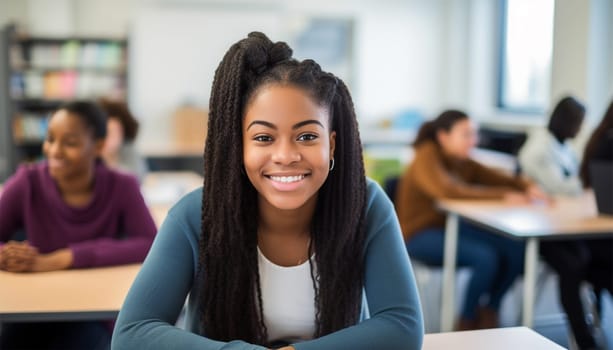 Happy cheerful American - African black ethnicity female university student learning. Highschool teenager sitting in classroom. Portrait