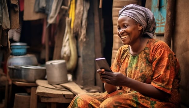 Poor African woman watching on her mobile phone in the slums. homeless lady playing around with a mobile phone,texting,social media concept. Portrait of beautiful female laughing with smartphone in slum colorful