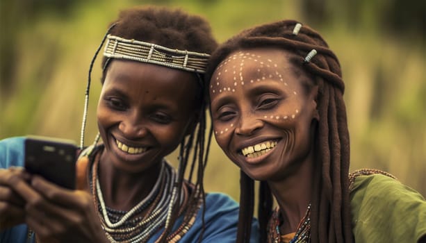 Africa Cheerful woman of african tribe hunters using modern technology smartphone cheering up. Technology using social media. Texting and having fun with cell phone,mobile in Africa traditional colorful clothing showing traditional tribe portrait