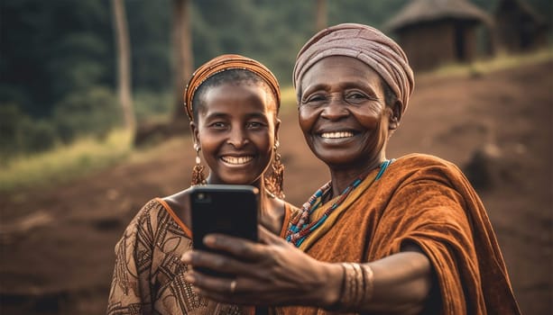 Africa Cheerful woman of african tribe hunters using modern technology smartphone cheering up. Technology using social media. Texting and having fun with cell phone,mobile in Africa traditional colorful clothing showing traditional tribe portrait
