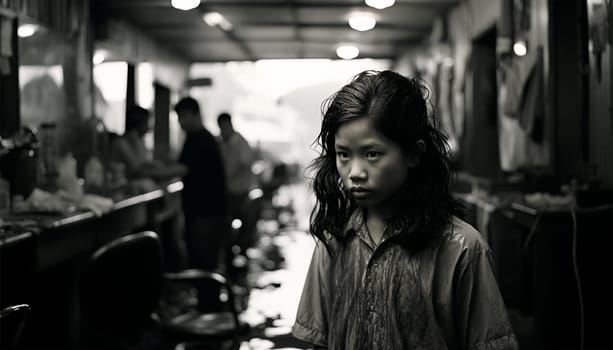 Asian girl documentary black and white photography. black and white photo concept of women beauty portrait. Poor girl in Asia Culture shot