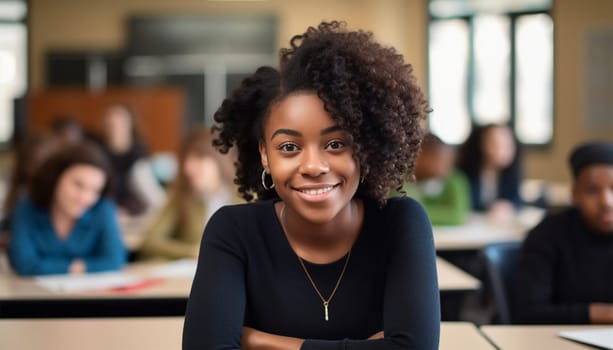 Happy cheerful American - African black ethnicity female university student learning. Highschool teenager sitting in classroom. Portrait