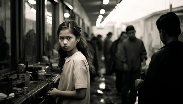 Asian girl documentary black and white photography. black and white photo concept of women beauty portrait. Poor girl in Asia Culture shot
