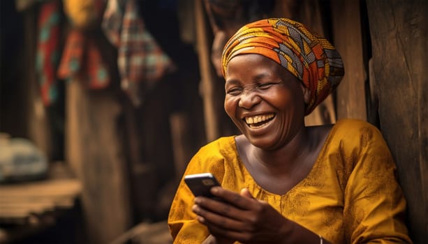 Poor African woman watching on her mobile phone in the slums. homeless lady playing around with a mobile phone,texting,social media concept. Portrait of beautiful female laughing with smartphone in slum colorful