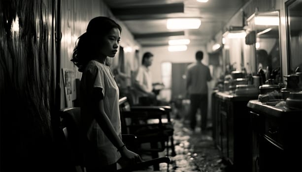 Asian girl documentary black and white photography. black and white photo concept of women beauty portrait. Poor girl in Asia Culture shot