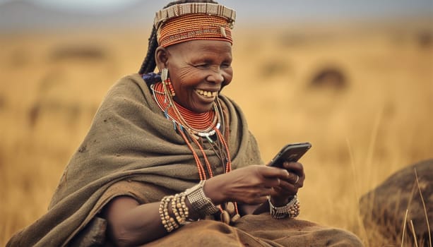 Africa Cheerful woman of african tribe hunters using modern technology smartphone cheering up. Technology using social media. Texting and having fun with cell phone,mobile in Africa traditional colorful clothing showing traditional tribe portrait