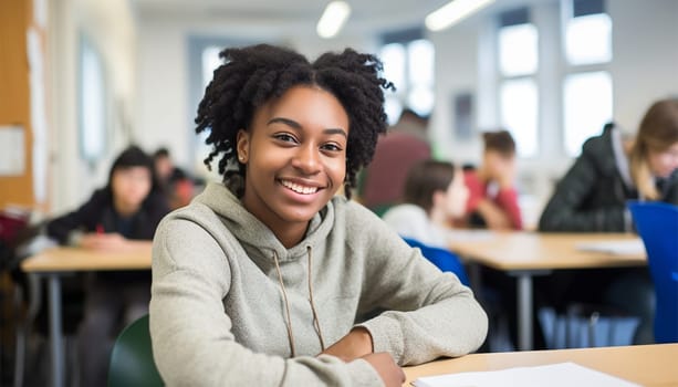 Happy cheerful American - African black ethnicity female university student learning. Highschool teenager sitting in classroom. Portrait