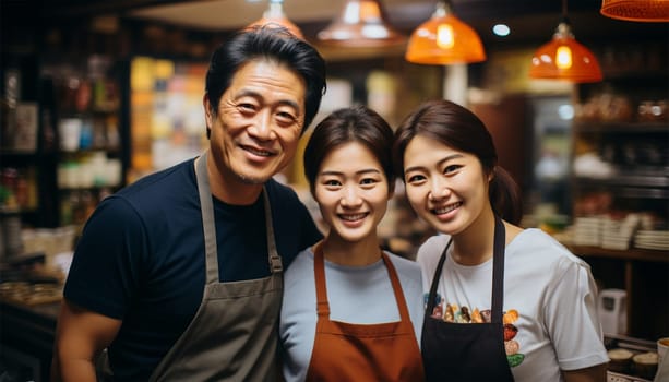 Proud Japanese father mother and daughter owners of a restaurant. Asian couple who owns a coffee shop. Standing smiling in an apron In a small coffee shop family run hand holding a cup of coffee and stand with their backs leaning against each other. Family shop or cafe portrait
