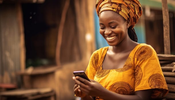 Poor African woman watching on her mobile phone in the slums. homeless lady playing around with a mobile phone,texting,social media concept. Portrait of beautiful female laughing with smartphone in slum colorful