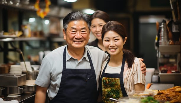 Proud Japanese father mother and daughter owners of a restaurant. Asian couple who owns a coffee shop. Standing smiling in an apron In a small coffee shop family run hand holding a cup of coffee and stand with their backs leaning against each other. Family shop or cafe portrait