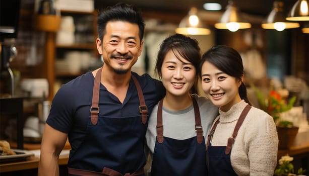 Proud Japanese father mother and daughter owners of a restaurant. Asian couple who owns a coffee shop. Standing smiling in an apron In a small coffee shop family run hand holding a cup of coffee and stand with their backs leaning against each other. Family shop or cafe portrait