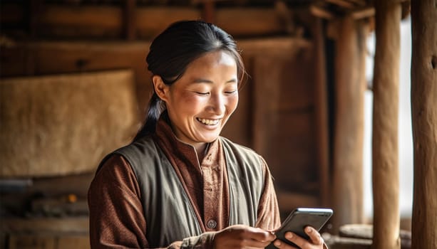 Traditional Chinese woman in village,farm landscape watching on her mobile phone and laughing. Asian elderly woman using smartphone,social media or texting in China beauty