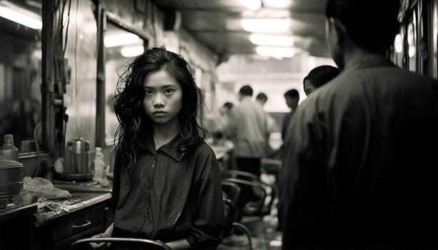 Asian girl documentary black and white photography. black and white photo concept of women beauty portrait. Poor girl in Asia Culture shot