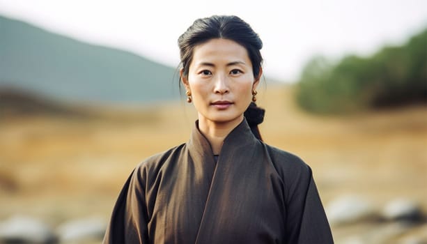 Natural Asian woman in Chinese landscape. Happy Asian woman farmer is at paddy field, feels confident. Concept Agriculture occupation. Organic farming. Thai farmer. Beauty Asia copy space