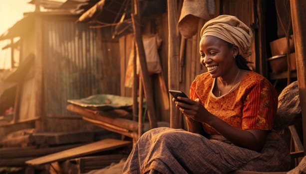 Poor African woman watching on her mobile phone in the slums. homeless lady playing around with a mobile phone,texting,social media concept. Portrait of beautiful female laughing with smartphone in slum colorful