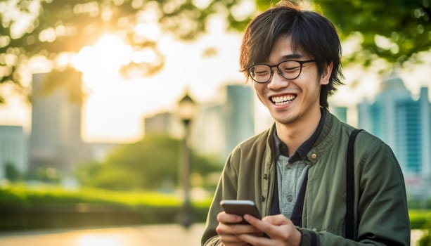 Handsome Asian student using mobile phone on sunny day. Man is sending message using smart phone. Social media,texting,video concept copy space