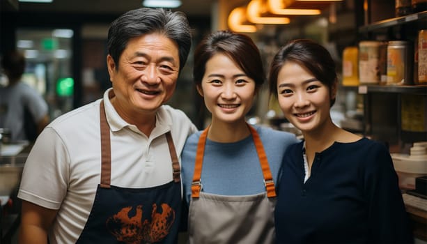 Proud Japanese father mother and daughter owners of a restaurant. Asian couple who owns a coffee shop. Standing smiling in an apron In a small coffee shop family run hand holding a cup of coffee and stand with their backs leaning against each other. Family shop or cafe portrait