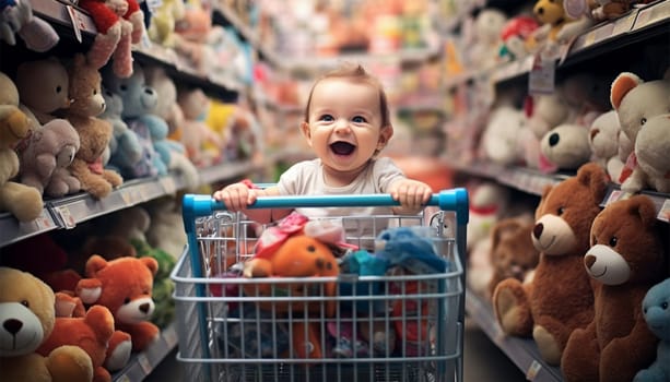 cute toddler is shopping in the supermarket or toy store. The baby is pushing a shopping cart. Funny concept for shopping advertisement. Supermarket,grocery store and children background Having fun